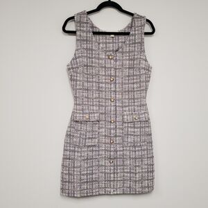 Academia Preppy Tweed Mini Dress Women's L Purple Plaid Gold Button Old Money